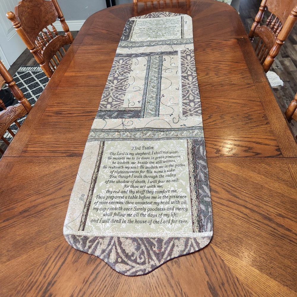 Vintage 23rd Psalm Woven Tapestry Table‎ Runner Sage Green Religious Decor 70x17